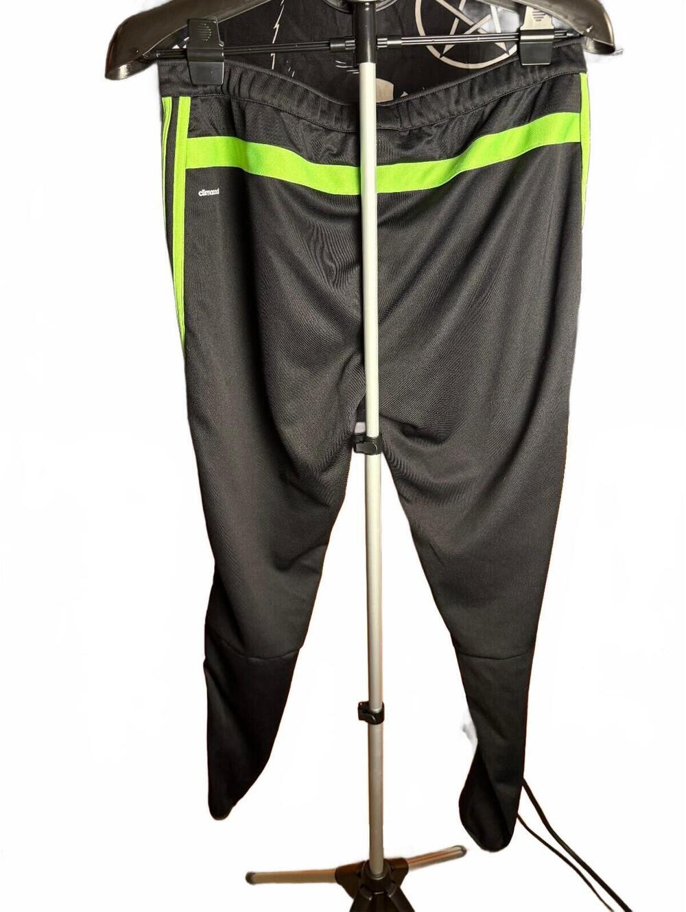 Adidas Mens Black Track Pants w Neon Green Stripes sz L climacool - Picture 2 of 2